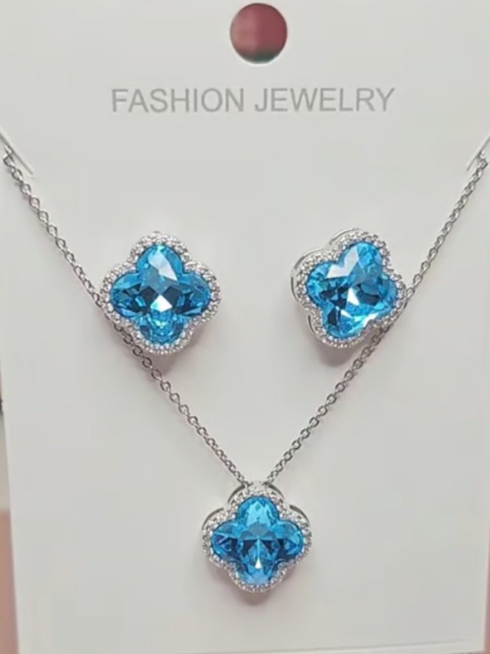 Blue Clover and CZ Necklace and Stud Earrings Set